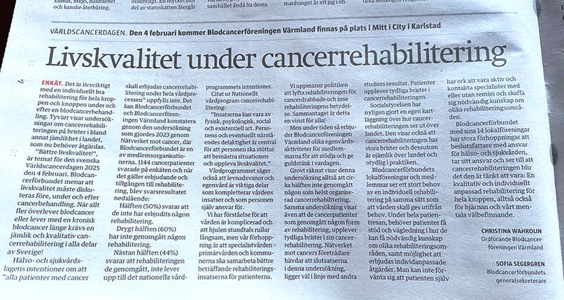 Värmlands folkblad vår debattartikel om cancerrehab 4 febr 2025